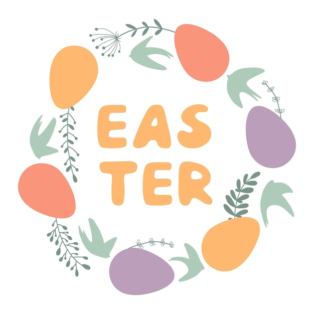 Vector illustration wreath easter eggs spring branches and birds with easter lettering festive frame in minimalistic flat style vector