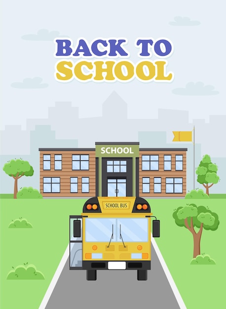 Illustration of a yellow bus approaching the school. The beginning of the school year.