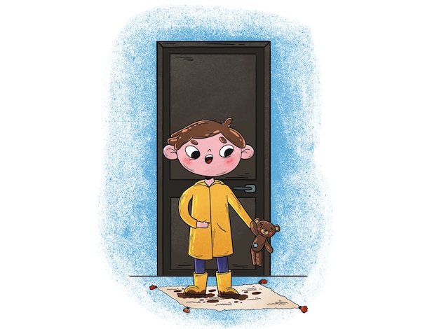 illustration of young Boy with dirty clothes and shoes