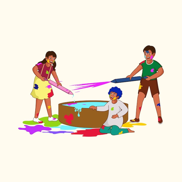 Illustration of Young Boys And Girl Character Playing Holi From Pichkari Water Gun With Color Tub For Happy Holi Concept