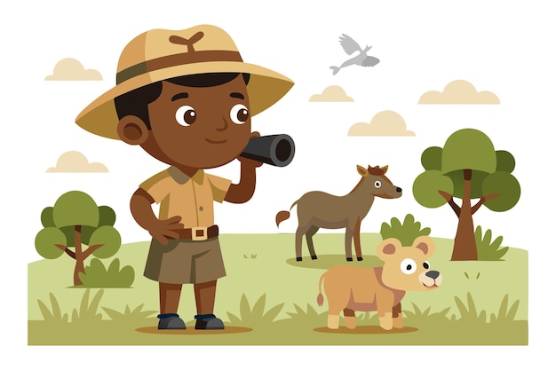 Vector illustration of a young explorer in safari attire with binoculars and wild animals in nature