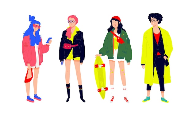 Vector illustration of a young fashionable people. girls and boys in fashionable modern clothes.