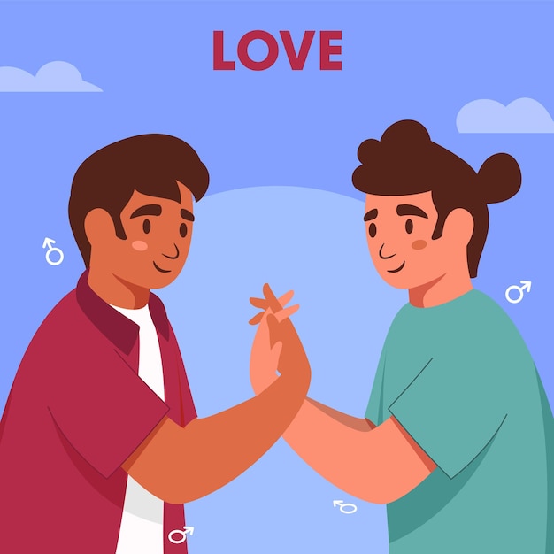 Illustration Of Young Gay Couple Holding Each Other Hands And Mars Sign On Blue Background For Love Concept