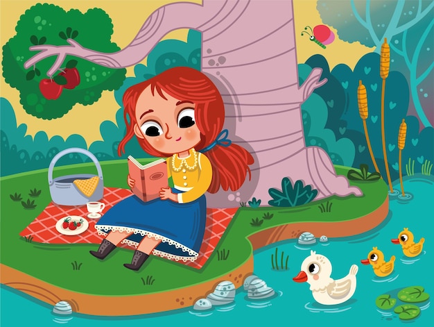 Illustration of a young girl having picnic in nature and reading a book.