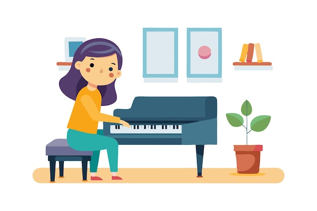 Vector illustration of a young girl playing the piano in a cozy home setting with plant and books