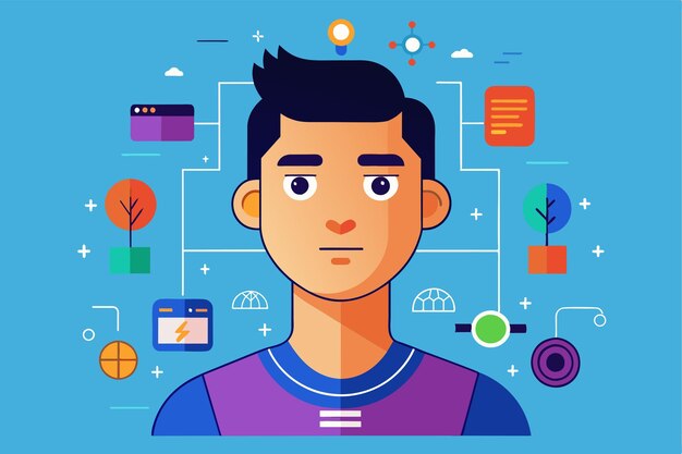 Vector illustration of a young man surrounded by customizable digital icons representing various interests and activities sign up customizable disproportionate illustration