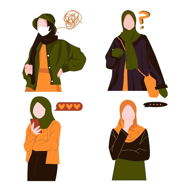 Illustration of young muslim women wearing hijab in various styles