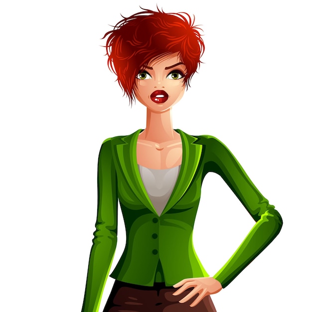 Illustration of a young pretty woman with a stylish haircut wearing a fashionable green jacket. Colorful drawing of a coquette red-haired lady, Caucasian girl holding her hand on a waist.