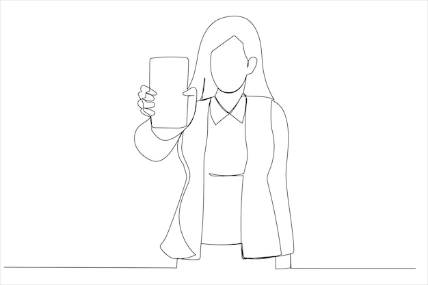 Illustration of young woman holding smartphone showing gadget to camera One line art style