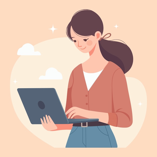 Illustration of a young woman working with laptop flat style vector illustration