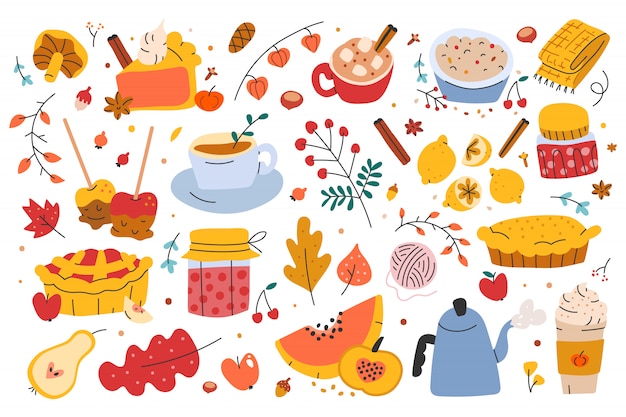 Illustrations of autumn seasonal food and drinks