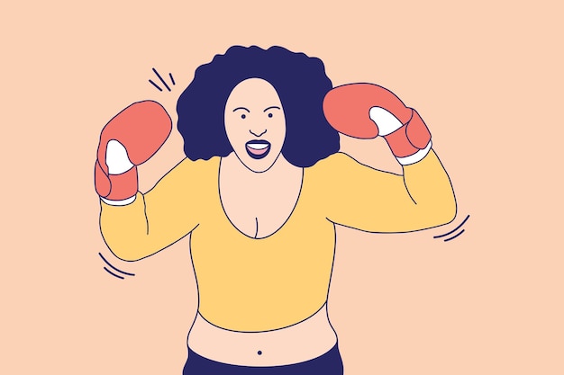 Illustrations of Beautiful boxer african woman angry ready to punch with boxing glove