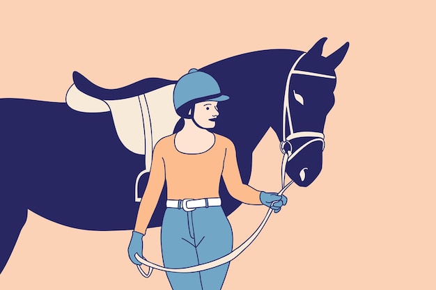 Illustrations Beautiful equestrian woman wearing helmet stroking to her horse at ranch