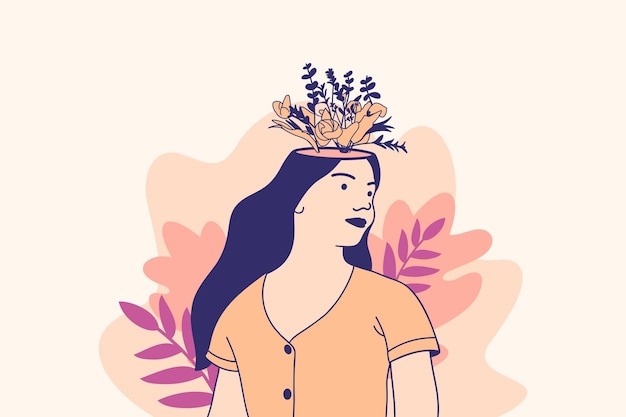 Illustrations of beautiful flower inside female head for world mental health day design concept