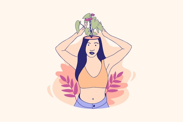 Illustrations of beautiful flower inside female head for world mental health day design concept