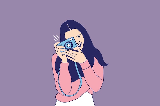 Illustrations of beautiful smiling woman taking photos on camera