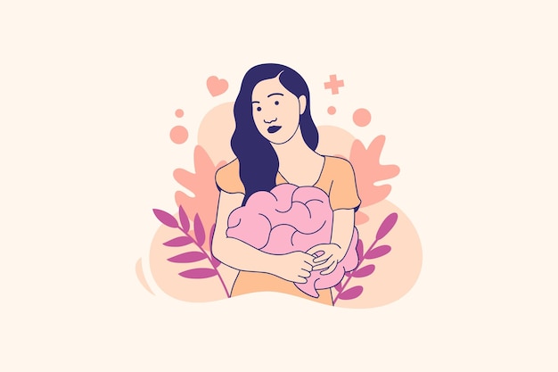 Illustrations of beautiful woman hugs her brain for world mental health day design concept