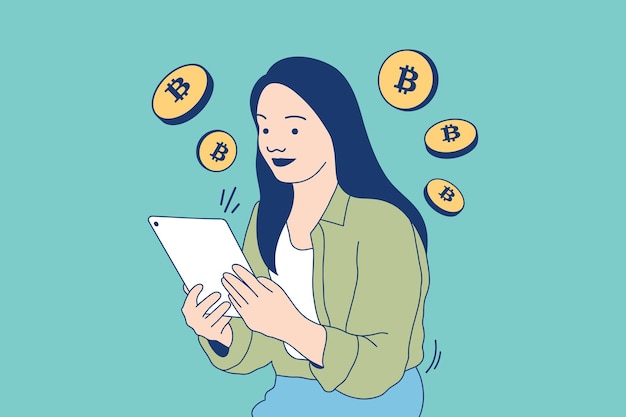 Illustrations Beautiful Young woman checking tablet for trading cryptocurrency