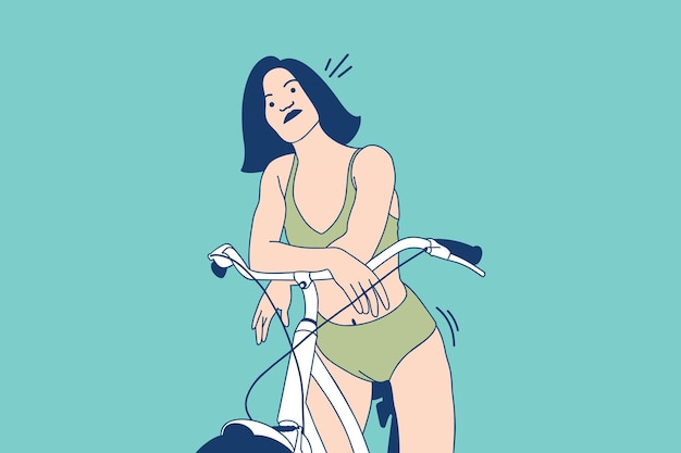 Illustrations of Beautiful young woman rides a bicycle on the beach