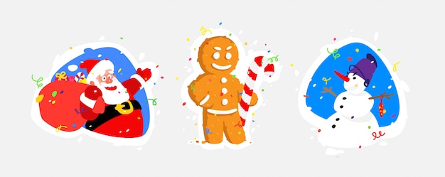 Illustrations of characters for the New Year. Santa Claus, Snowman, Gingerbread.