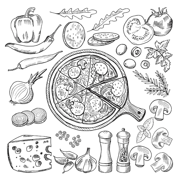 Illustrations of classical italian cuisine. Pizza and different ingredients. Fast food pictures set