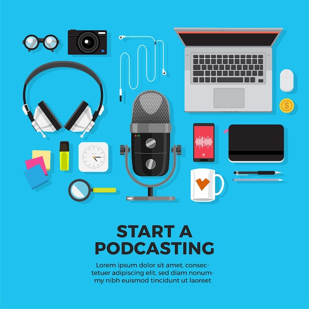  illustrations concept design podcast channel. Teamwork make podcasting.Studio microphone table broadcast people. Podcast radio icon.