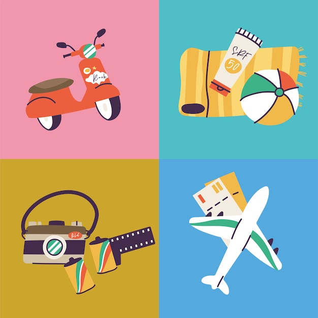 illustrations of different travel, vacation or holiday signs and logos. Collection icons of summer vacation trip.