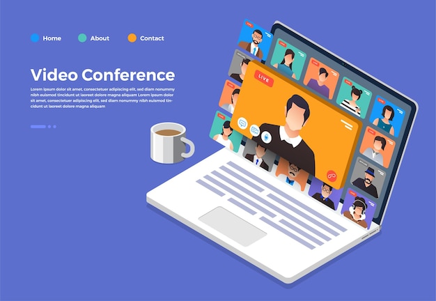 Illustrations flat design concept video conference. online meeting work form home. Call and live video. 