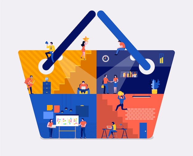 Illustrations flat design concept working space create icon online shopping website