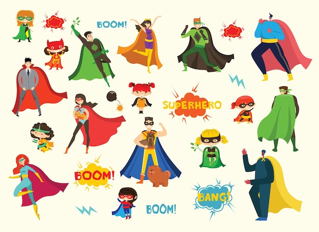 illustrations in flat design of female and male superheroes in funny comics costume