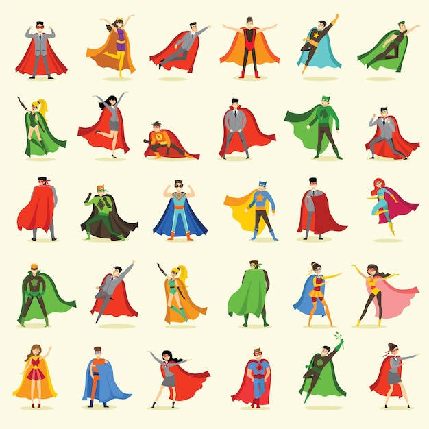 Vector  illustrations in flat design of female and male superheroes in funny comics costume