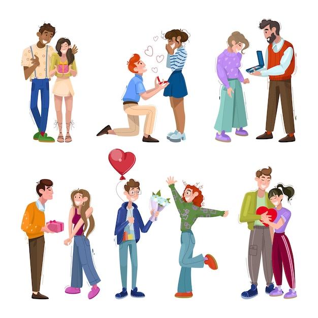 Illustrations of a guy giving a gift to his girlfriend St Valentines Day