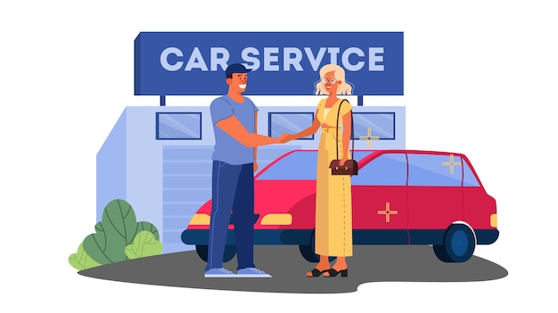  illustrations of happy female driver thank car service worker for car. Woman have her car fixed.