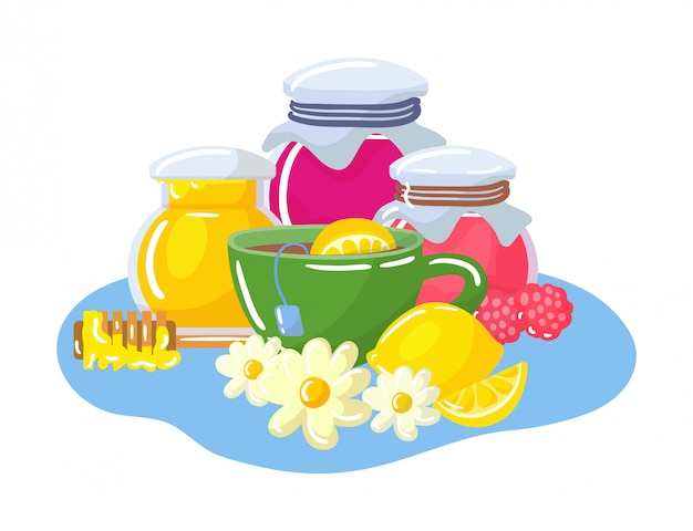 illustrations of honey, chamomilla flowers and raspberry jam, lemon vitamin c.