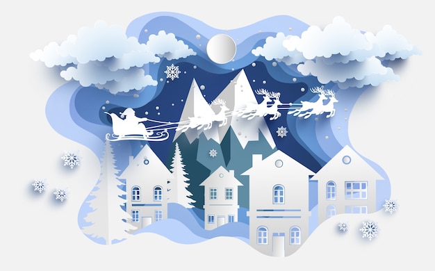 illustrations of house paper art and Santa Claus in winter.  design paper art and crafts