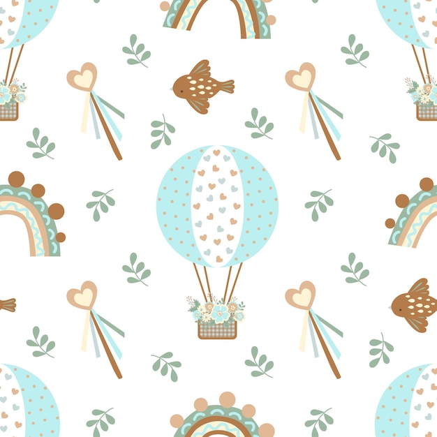 Illustrations of a magic wand brown birds and a balloon Children's print in soft pastel colors Seamless vector pattern