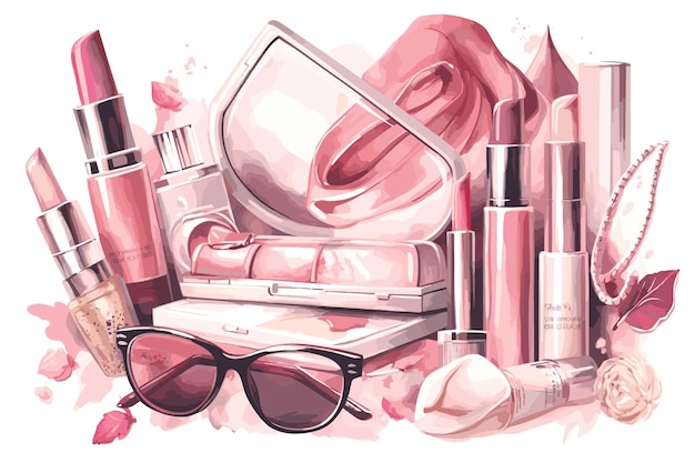 Illustrations of makeup products and accessories Set of cute makeup elements collection fashion