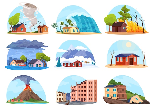 Illustrations of natural disasters destructive natural phenomena of different types in different par