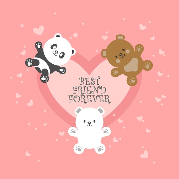 Illustrations of panda polar bear and brown bear with peach color background and love shapes