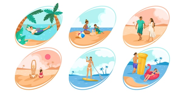 Illustrations of people enjoying various beach activities Colorful vector illustrations with a light blue sky background Concept of summer vacations Vector illustration