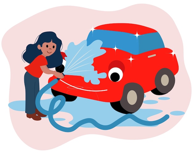 Illustrations on the theme of a car wash A young woman washes a dirty red car Icon