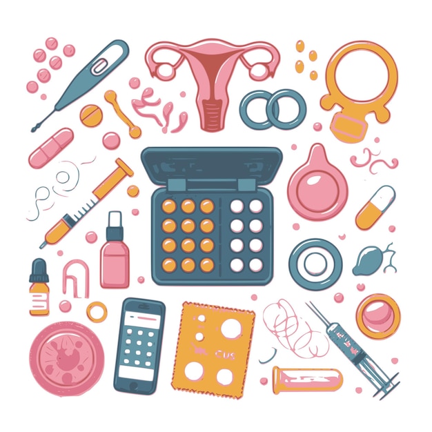 Illustrations of various contraceptive methods such as pills IUDs condoms and others