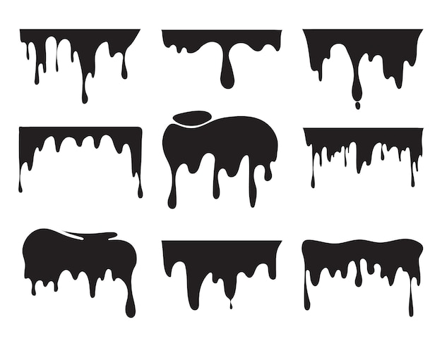 Illustrations of various dripping black paint Vector pictures of splashes Ink drip and blob drop splash splatter stain