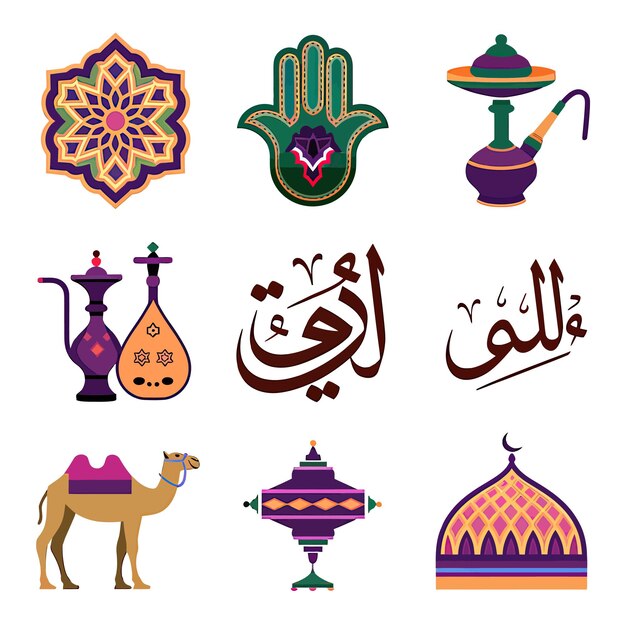 Vector illustrations vector icon collection of ramadan islamic symbols items and a mosque