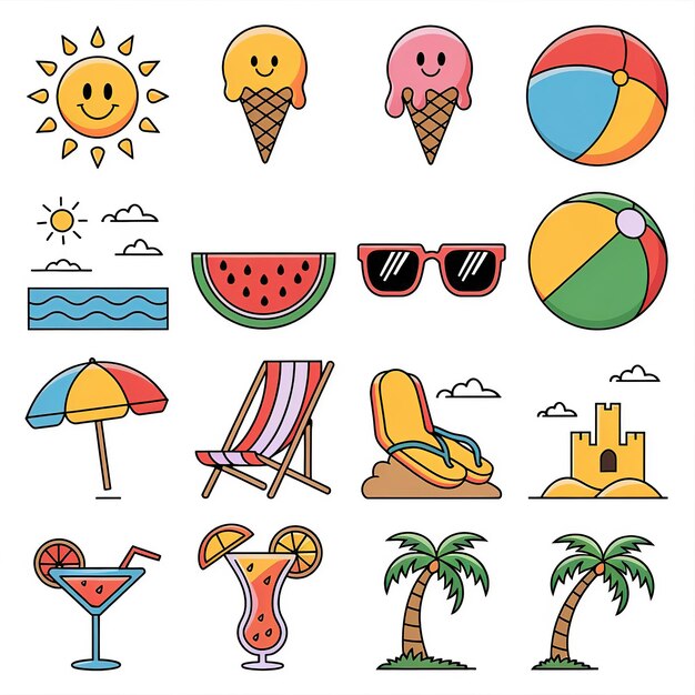 Vector illustrations vector icon design items for summer sea beach glass and ball icecream other