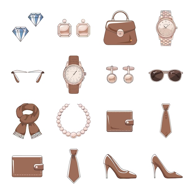 Vector illustrations vector icon for luxury accessories set jewelry handbag fashionable watch tie