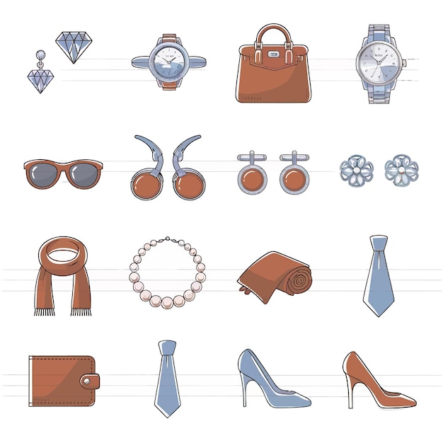 Vector illustrations vector icon for luxury accessories set jewelry handbag fashionable watch tie