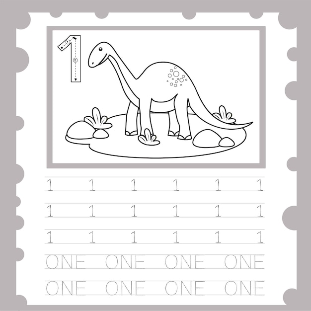 Illustrator of worksheet education number for kid one dinosaur