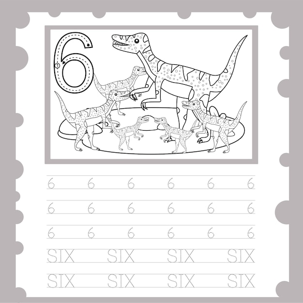 Illustrator of worksheet education number for kid six dinosaur