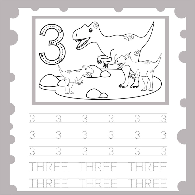 Illustrator of worksheet education number for three one dinosaur